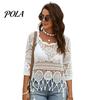 Suéter de Punto Hueco para Mujer, Tops de Ganchillo, Cuello Redondo, Mangas Acampanadas 3/4, Cubierta para el Sol de Verano, Camisa para Superponer, Bohemio