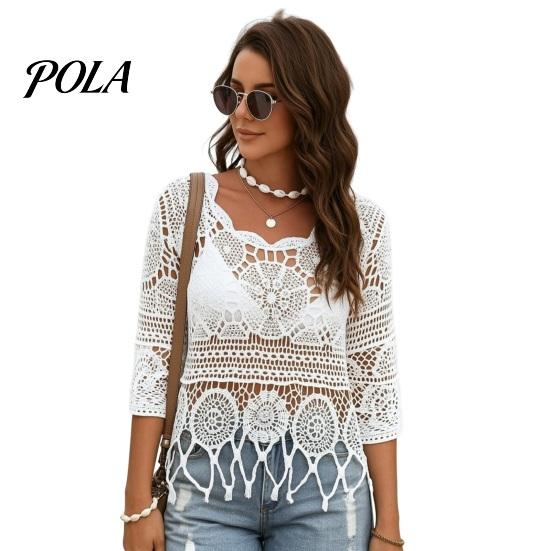 Suéter de Punto Hueco para Mujer, Tops de Ganchillo, Cuello Redondo, Mangas Acampanadas 3/4, Cubierta para el Sol de Verano, Camisa para Superponer, Bohemio