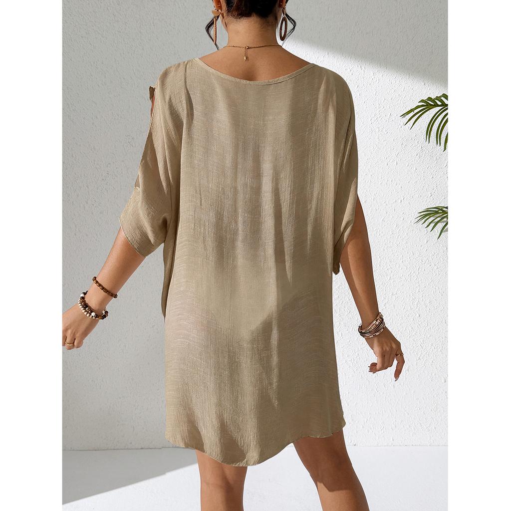 Pure Color V-Neck Lightweight Transparent Loose Dress Beach Casual Comfort Sun Protection Cover Up Fashion Beachwear