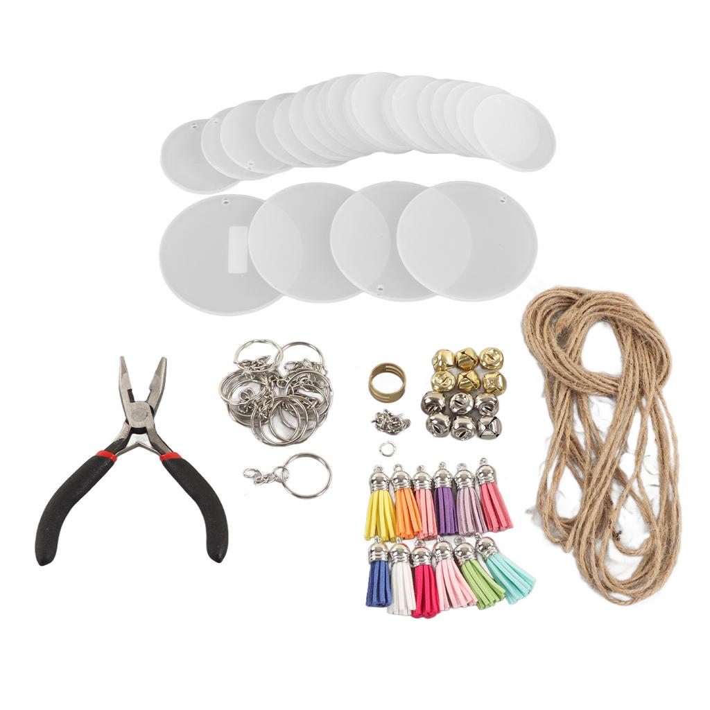 75 Pcs Keychain Blanks Tassel Set Double Sided Dye Sublimation Acrylic Blanks Tassel Key Rings Pliers Bell Twine DIY Kit