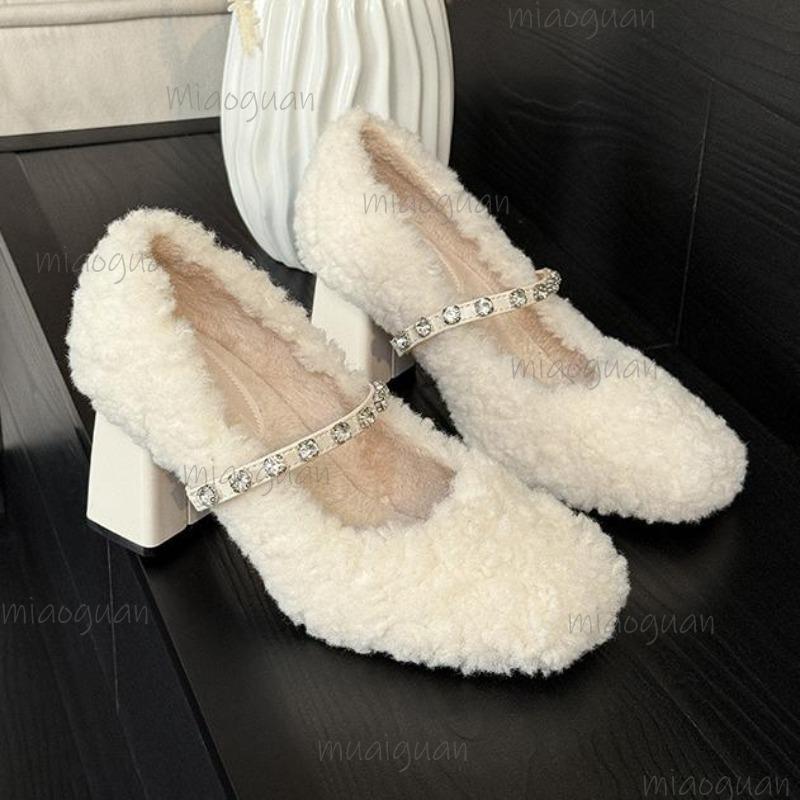 

Elegant Rhinestone Strap Women s Mary Jane Shoes Beige Plush Fashion High Heel Pumps Autumn Winter Comfortable Footwear Size34 40