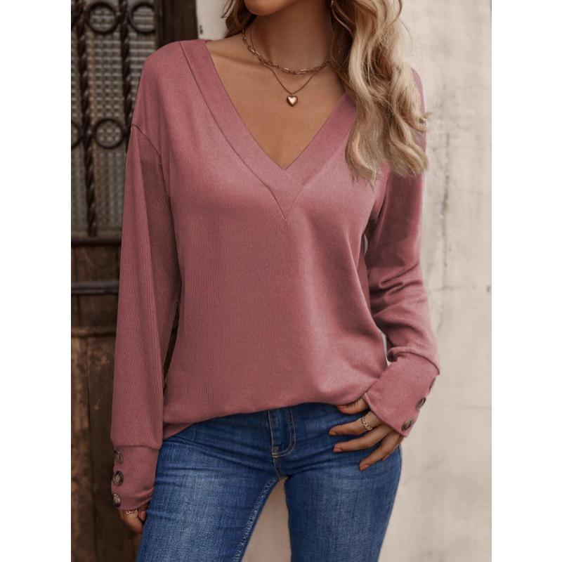 Women's V-Neck Button Down Shirt 2025 Fall Winter Long Sleeve Loose Fit Casual Top Blouse