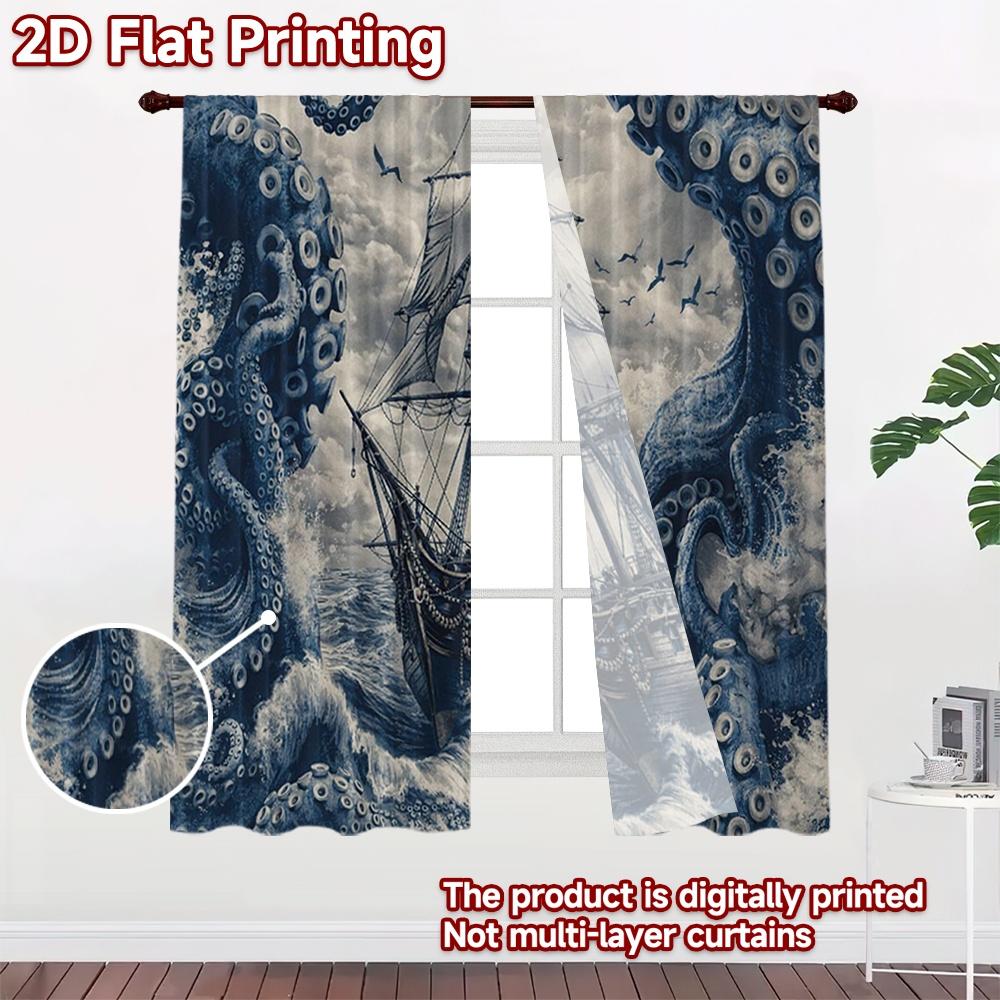 2D FLAT PRINTING 2pcs Curtains (Without Rod) Giant Octopus Surrounds Ship Pattern Modern Curtains Polyester Easy Install