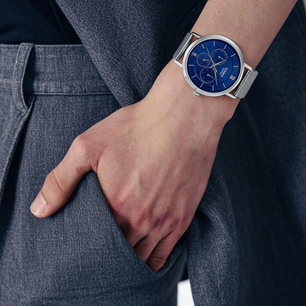 Casio Standard Series Classic Minimalist Stylish Blue Adjustable Buckle 50m Waterproof Quartz Movement Stainless Steel Strap Men Watches MTP-B300M-2AV