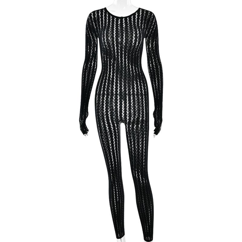 

Cnyishe Western Style Sexy Pure Desire Gyaru Hollow-out Perspective Tight Figure Sheath Five-Finger Sleeve Jumpsuit Pencil pants no cuffing All yards