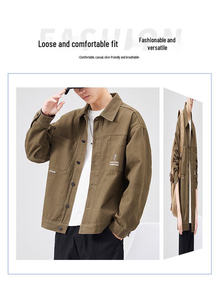 Men's Loose Fit Plus Size Khaki Denim Jacket - American Retro Spring/Autumn, Japanese Trend Brand