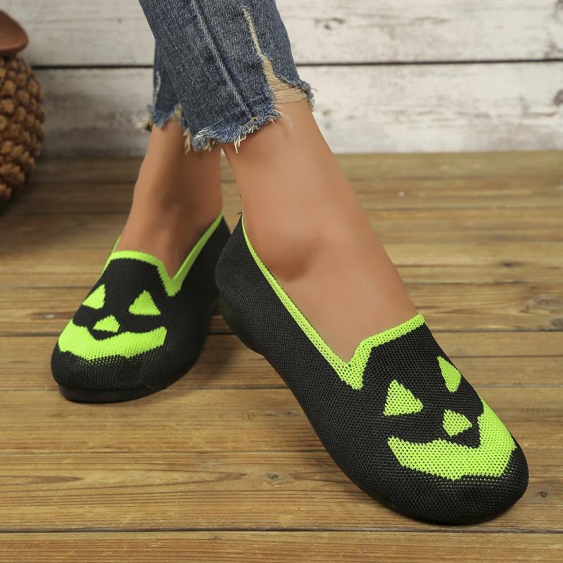 Women's Flats Halloween Pumpkin Printed Flats Breathable Casual Walking Shoes Lightweight Comfortable Loafers Canvas Flat Shoes