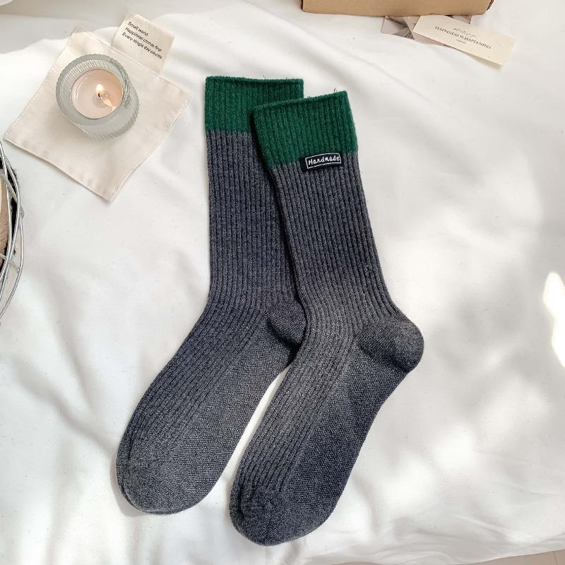 Wool Socks with Children's Multi-color Letter Fabric Labels, Mid-calf Socks, Vertical Stripes, Chunky Socks