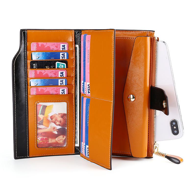 Genuine Leather RFID Anti-Theft Ladies Long Wallet Clutch with Brush Wax Finish