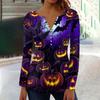 Women's Spring Autumn Pleated Button Down Collar Halloween Print Long Sleeve Top