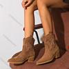Comemore New Brown Embroidered Ankle Boots Pointed Toe Shoes Chunky Heel Knight Boots Retro Slip on Western Cowboy Short Botas