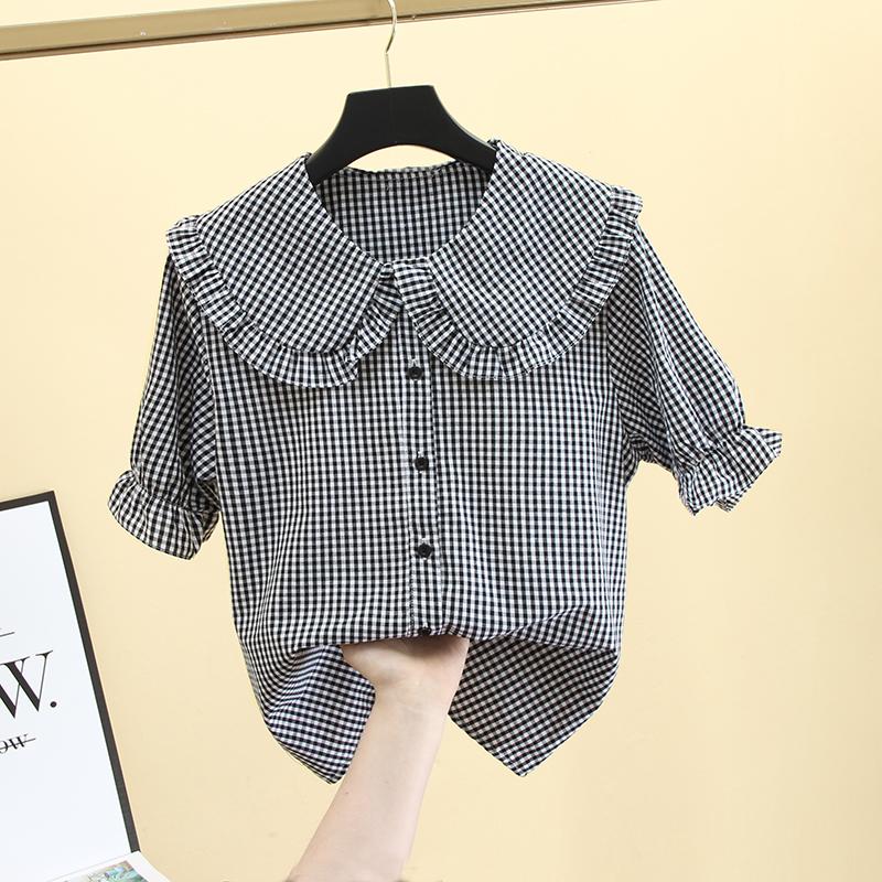

Винтажная милая клетчатая рубашка, женская кавайная блузка в стиле Питера Пэна с воротником Лолиты, топ в японском консервативном стиле с пышными рукавами S чёрный