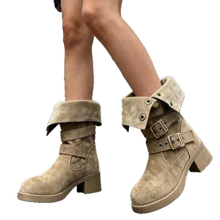 2025 autumn new thick-soled British Martin boots women's retro design belt buckle knight slim pile single boots