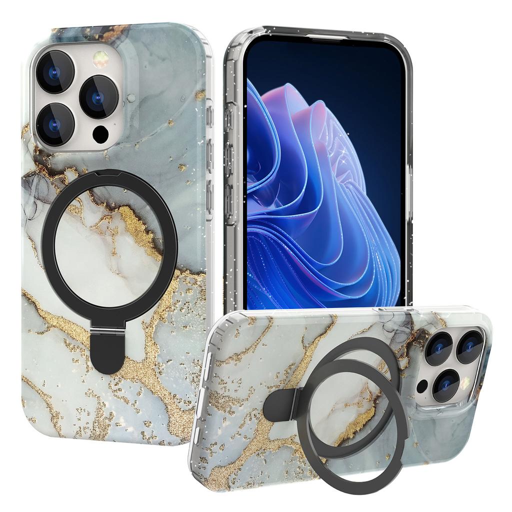 For iPhone 15 Pro Max Kickstand Case Marble Pattern PC+TPU Magnetic Phone Cover
