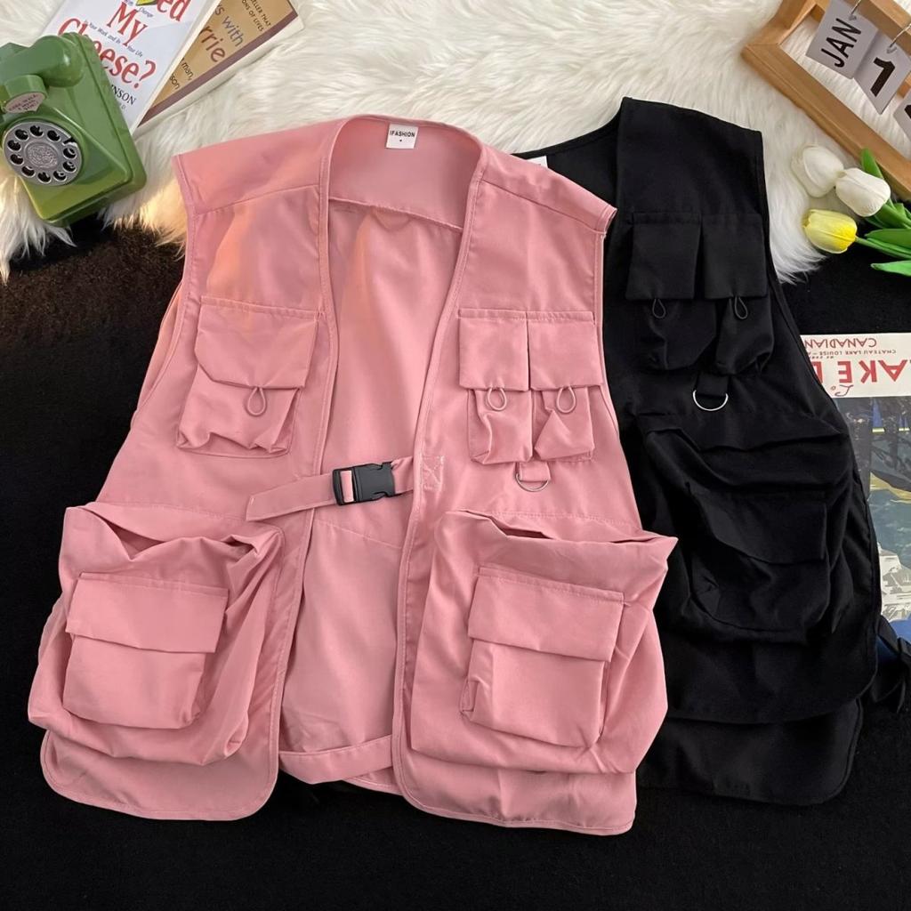 Gilet Donna Monocolore Tasche All-match Speciale Unisex Semplice Cool Stile Giapponese Tempo Libero Vintage Attraente Primavera Studenti Giovani