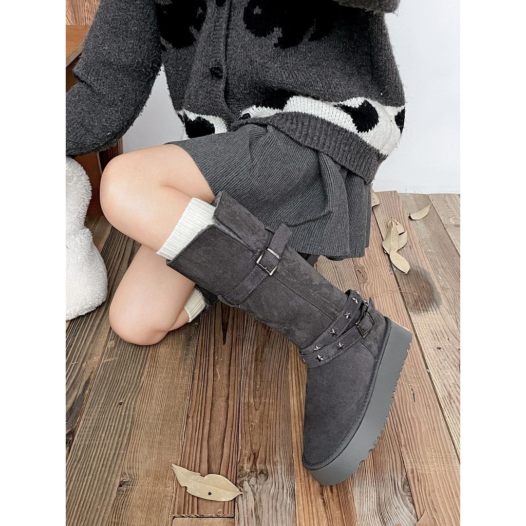 grey velvet thickened non-slip thick-soled long-tube snow boots women's winter warm retro cotton shoes