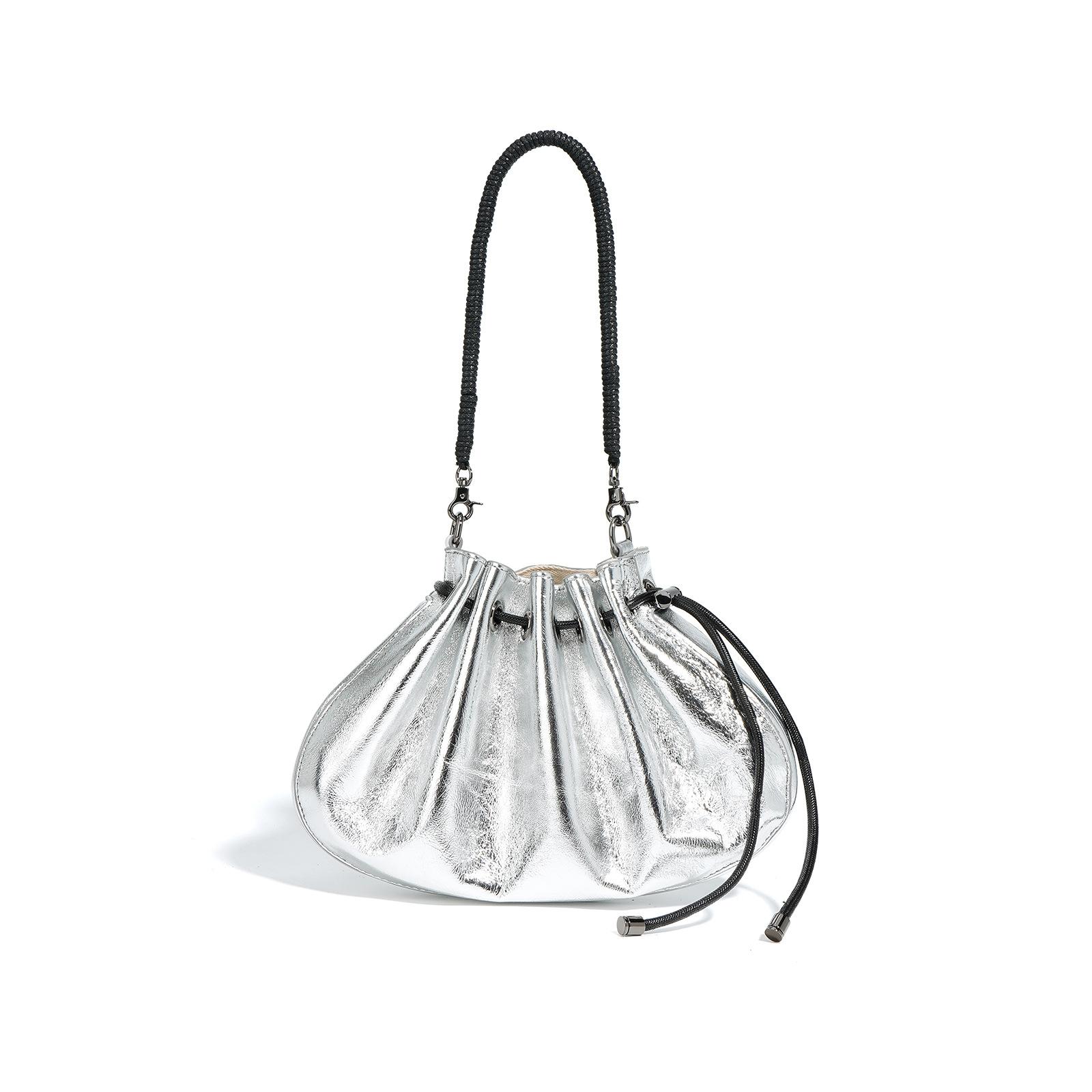 

Новая нишевая сумка-ракушка из коровьей кожи, затягивающаяся на шнурок, сумка через плечо, подмышечная сумка. серебряный