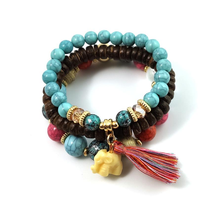 Bohemian Ethnic Beaded Bracelets with Elephant and Tassel 