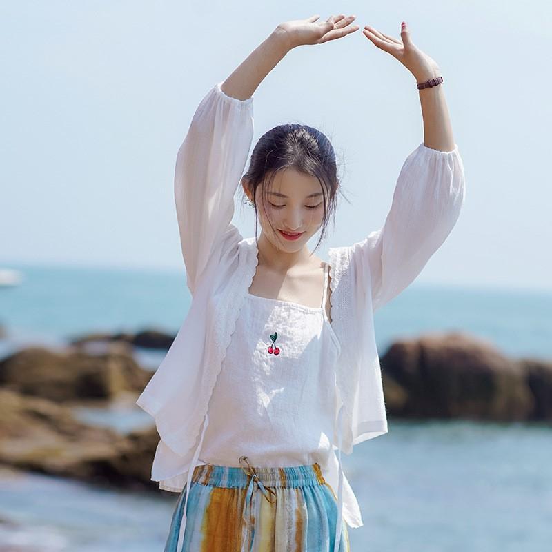 Johnature Damen-Sommerhemden, weiße Vintage-Baumwollblusen, Gürtel, lockere lässige Oberteile, V-Ausschnitt, lange Ärmel, Damen-Spitzenhemden