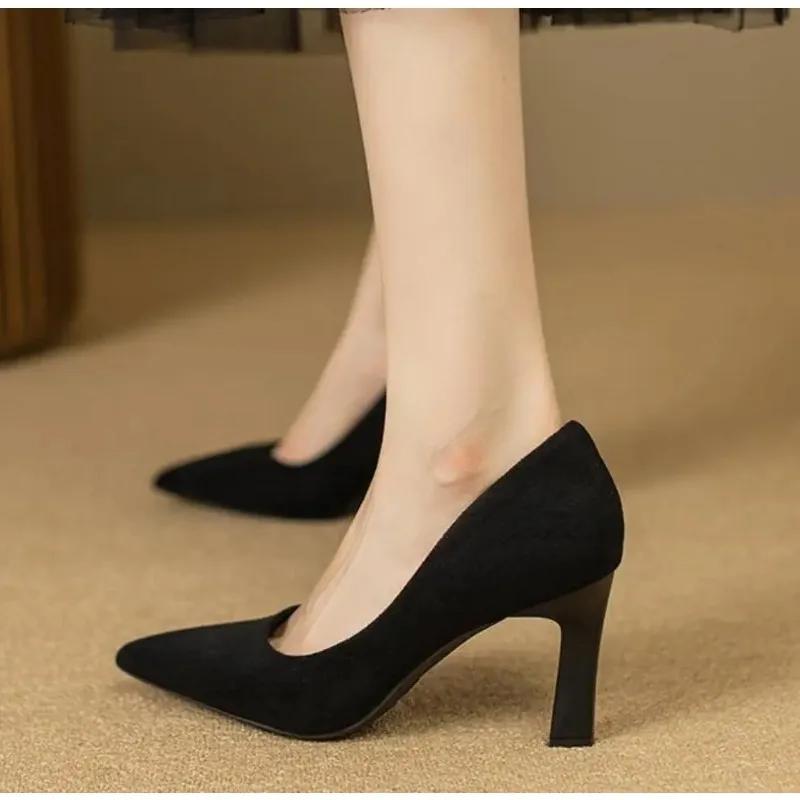 2025Elegant High  Classic Black Pumps Summer Pointed Toe Party Wedding Shoes Woman Square Heel Office