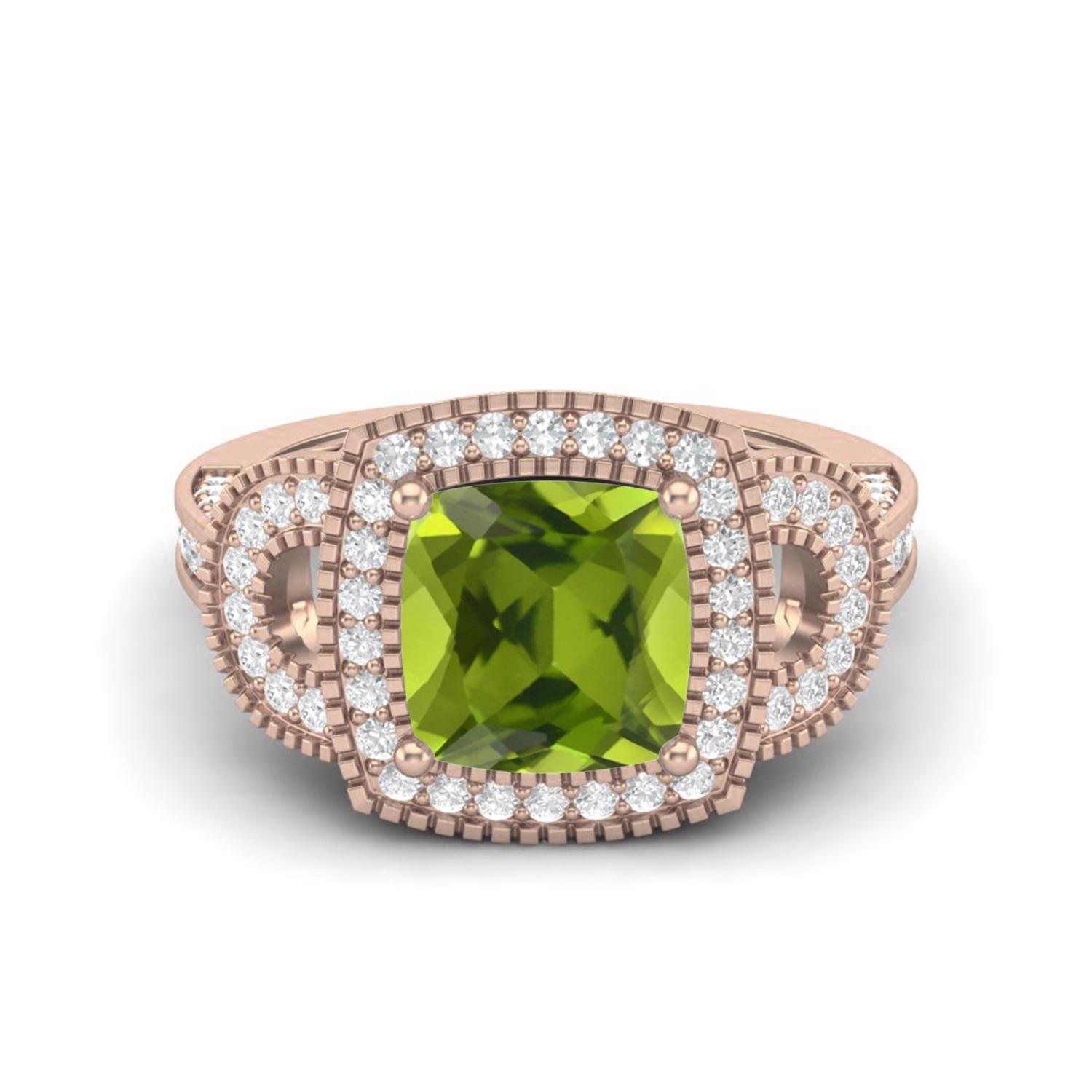 

4.06 Ctw Cushion Peridot 925 Sterling Silver Rose Vemreil Solitaire Halo Women Wedding Ring 8 Яскраво-рожевий