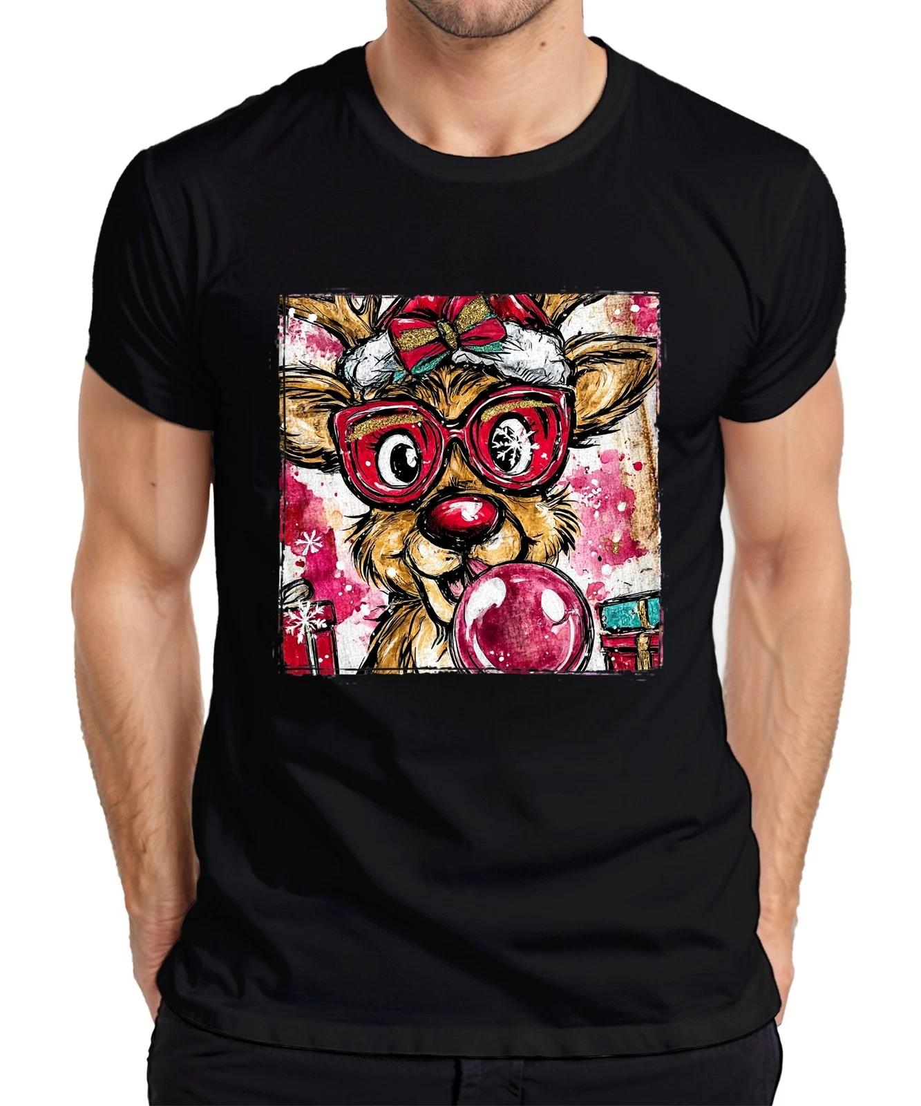 Christmas Reindeer Glasses Bubblegum Bow Gift Funny Retro Mens T-Shirt- M