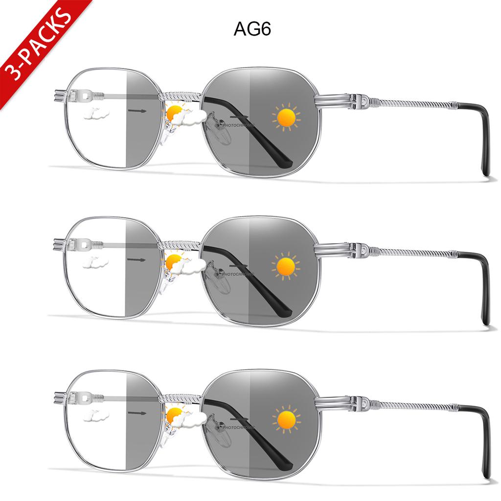 3 Pairs Anti-Blue Light Photochromic Reading Sunglasses Women Men Metal Round Trendy Classic Style Protection Unisex Eyewear