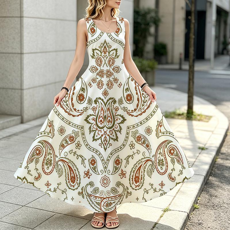 Women's Paisley Print Sleeveless Beach Maxi Dress Lightweight Flowy,Ideal for Lounge,Daily Casual & Social Occasions