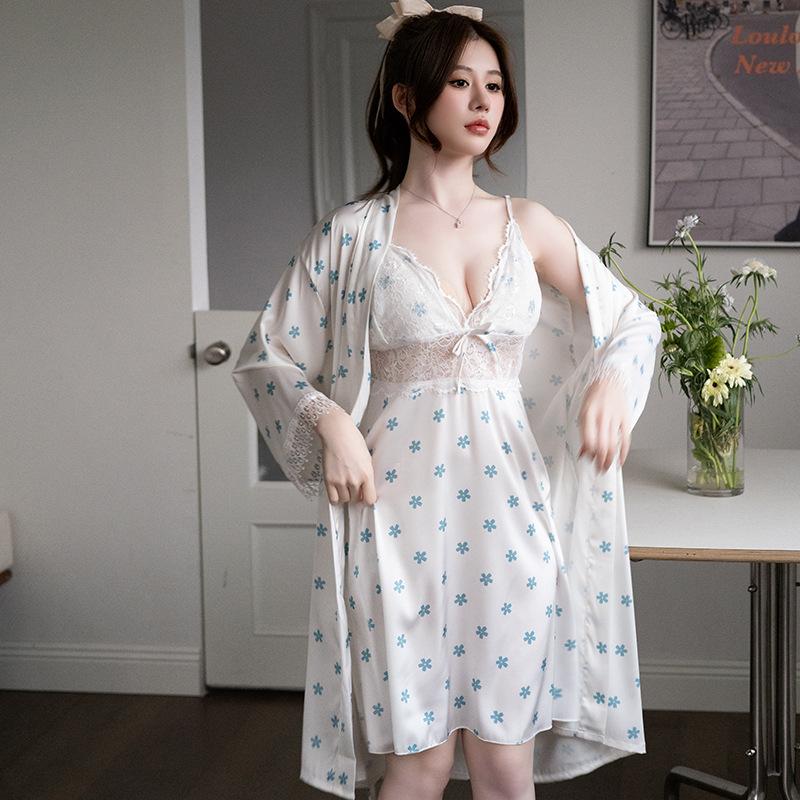 1011 New Ice Silk Sexy Pajamas Two-piece Set Women's Spring and Summer Long Sleeve Suspender Thin Loungewear with Chest Pad