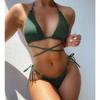 European and American Beach Solid Color Bikini Sexy Three-point Lace-up Split Swimsuit Women's Big Chest Huludao Swimsuit