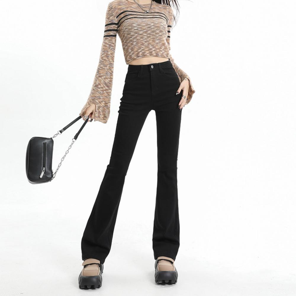 

Модные расклешенные брюки женские весна и осень новые корейская версия с высокой талией, тонкие и универсальные повседневные маленькие джинсы с микро-клешем 2XL чёрный