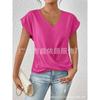 Women Wine Red V Neck Rolled Cap Sleeve Blouse Front Twist Knot Casual Loose T-shirt