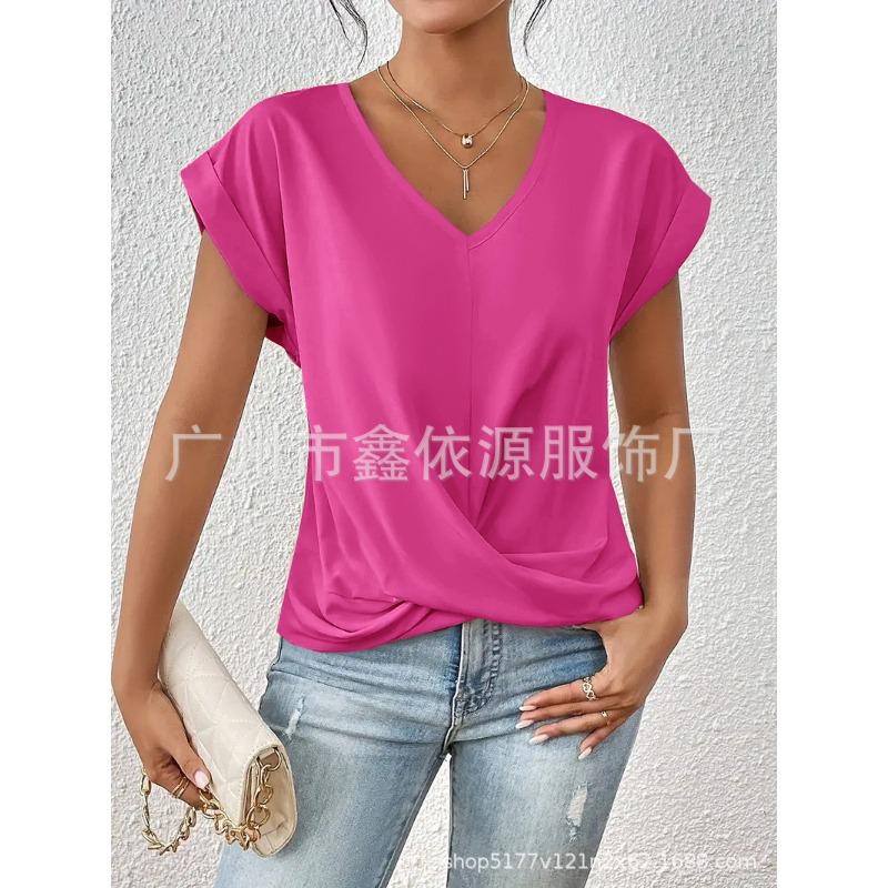 Women Wine Red V Neck Rolled Cap Sleeve Blouse Front Twist Knot Casual Loose T-shirt