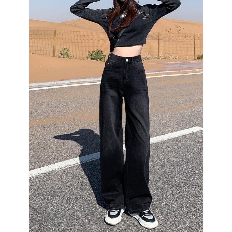 Black-Gray High-Waisted Wide-Leg Jeans for Women - Velvet-Lined, Thick, Loose-Fit, Slimming, Straight-Leg, Floor-Length, Petite, Trendy Pants