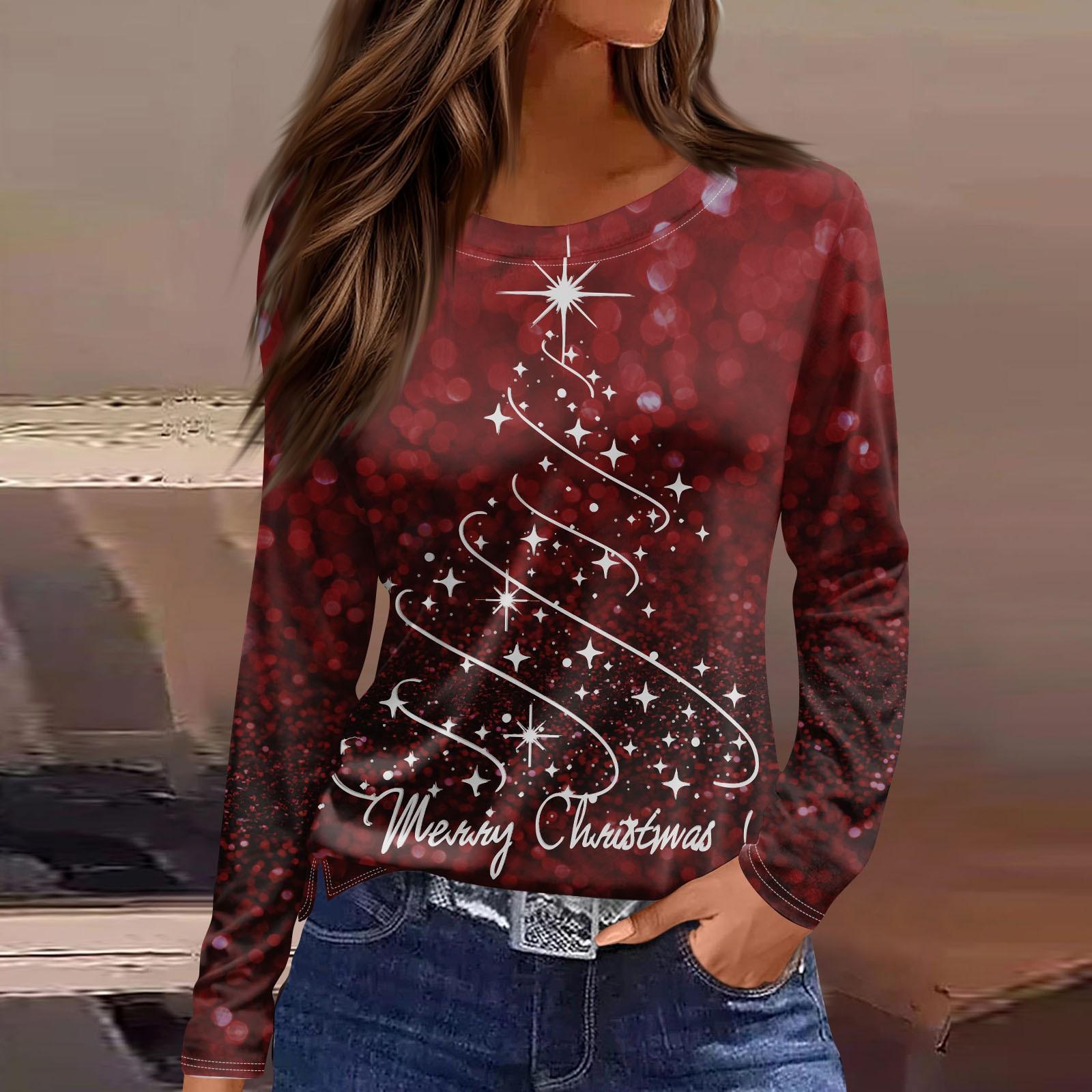 

Женская модная повседневная футболка с разрезом и круглым вырезом, длинным рукавом и рождественским принтом, женский топ L винный
