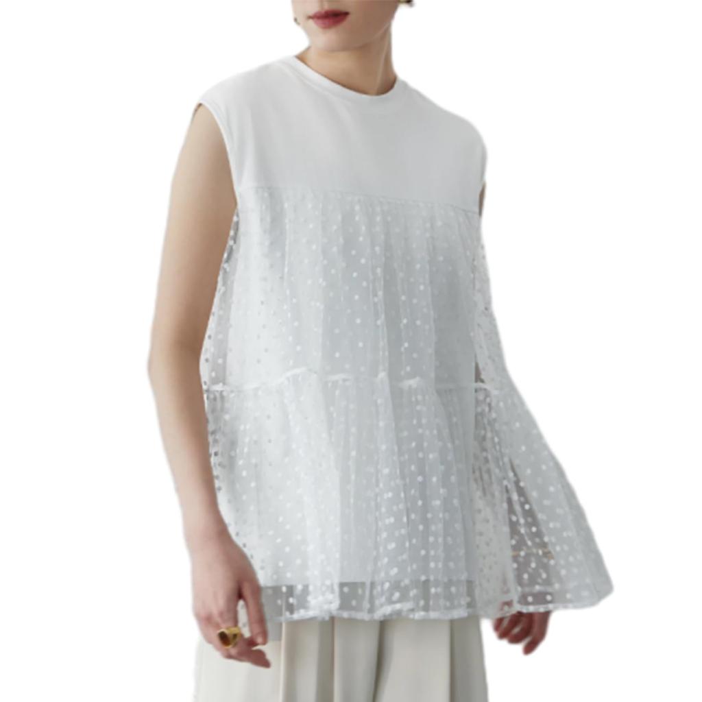 Pullover with Jacquard Polka Dot Pattern and Round Solid [JLBOCMGT] Women's T-Shirt Tulle, Sleeveless, Neck, Color, Formal, Date, Outing,