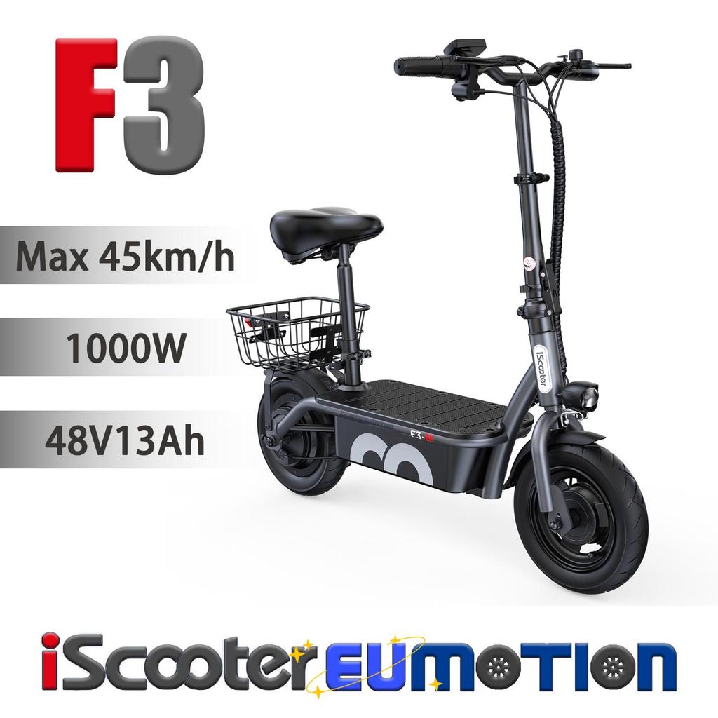 iScooter F3 1000W Daily Commuter E-Scooter for Adults 48V13Ah, 45km/h Max Speed, LED Display, Drum Brakes City Cargo E-Scooter with Rear Basket & Seat