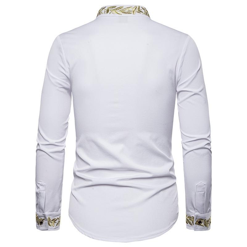 Camisa Casual de Manga Larga con Cuello Alto Bordado de Moda para Hombre Talla Europea