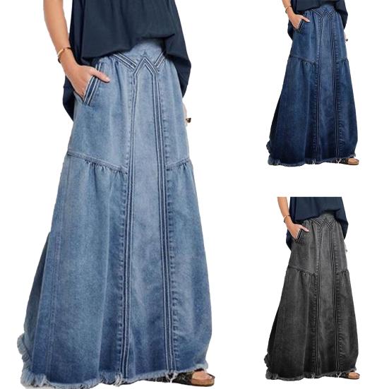 Lady Skirt Solid Color Elastic Waist Ripped Retro Loose Summer Skirt Daily Clothes
