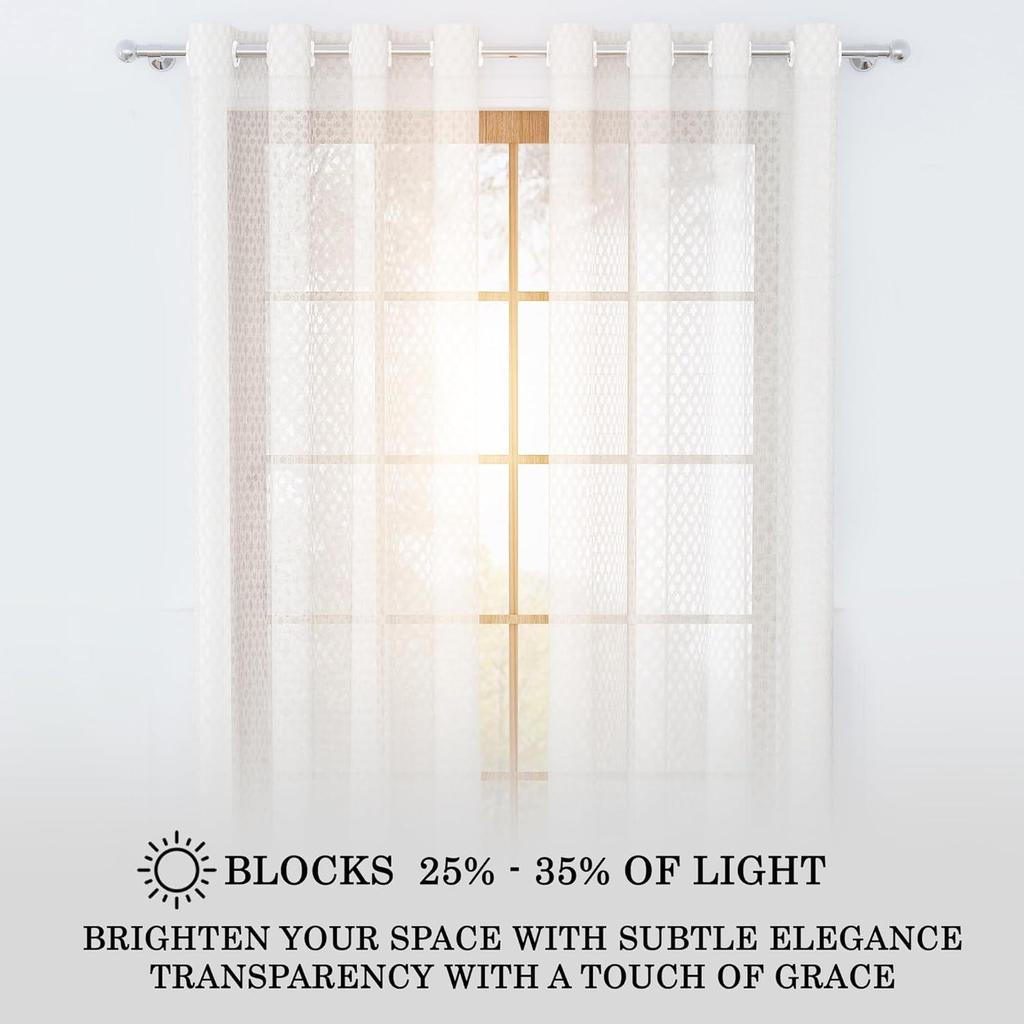 Perdele 1,5 Metri Lungime Set de 2 | Imprimeu Diamante | Perdele de Tul | Perdea Transparentă pentru Sufragerie | (118 X 152 Cm, Alb Off)