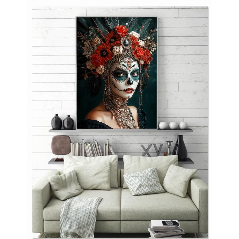Terrifying Los Muertos Sugarskull Girl with Flowers Posters Day of the Dead Prints Canvas Printing Wall Pictures Home Room Decor