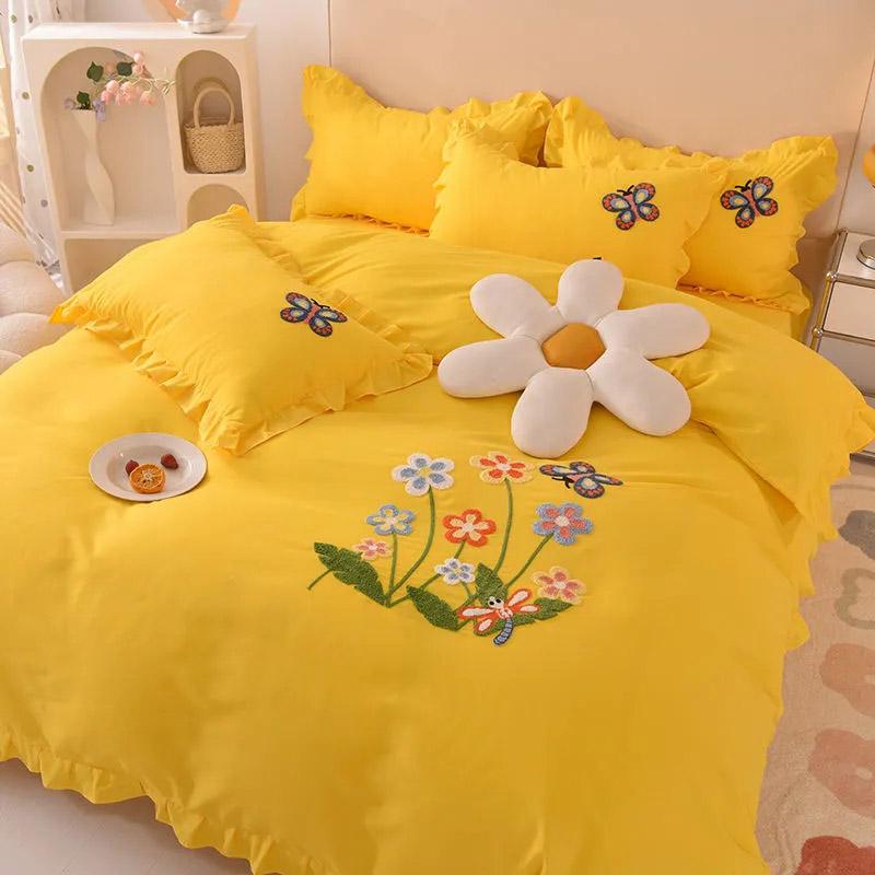 4pcs/set Solid Color Bed Sheet Flower Embroidery Quilt Cover Pillowcases Four Piece Set High-end Skin-friendly Comfortable Naked Sleeping Bedding Set