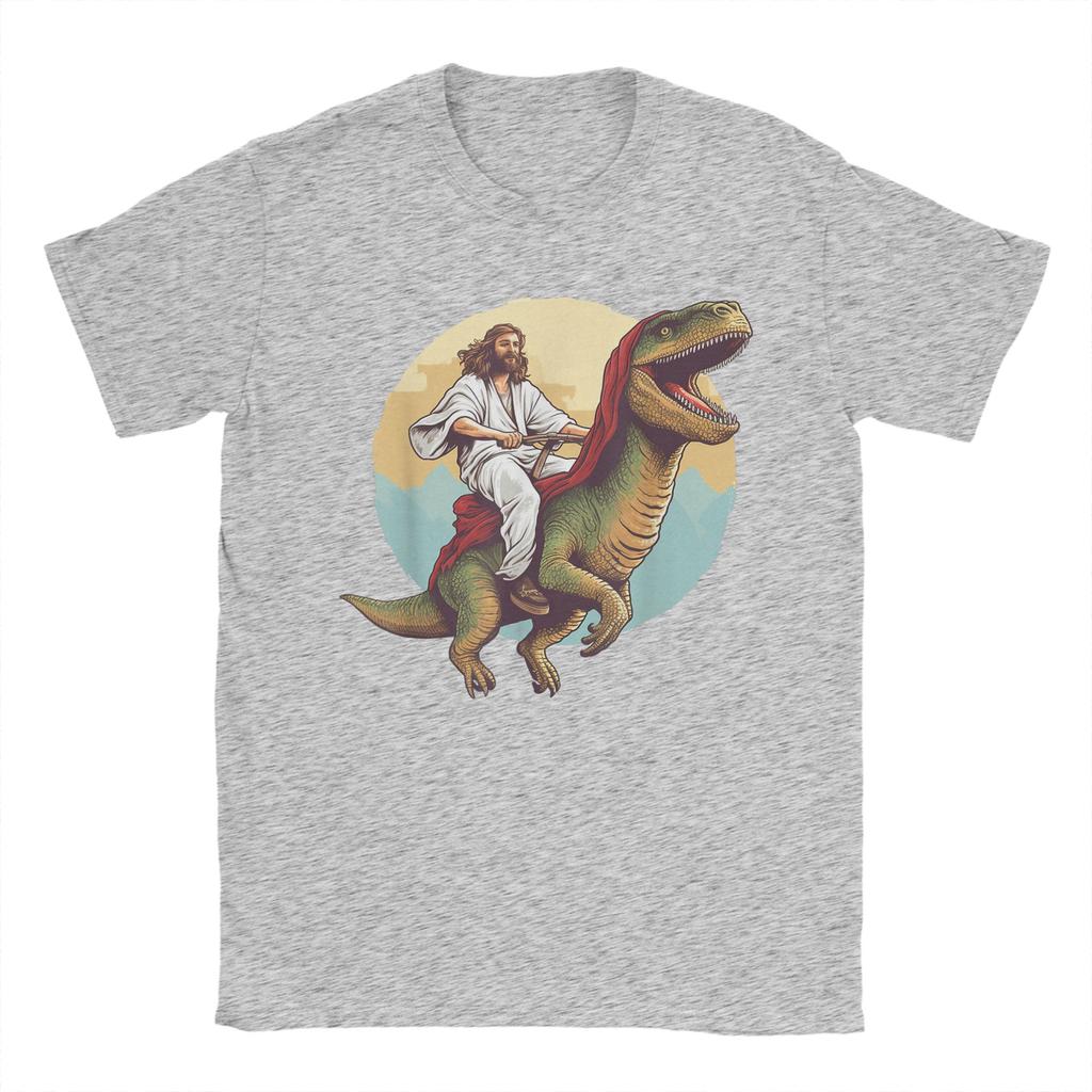 Summer Jesus Riding a Dinosaur Meme Fashion TShirts 100 Cotton Tee Shirt for Unisexs Awesome Plus Size Short Sleeve Top Tees
