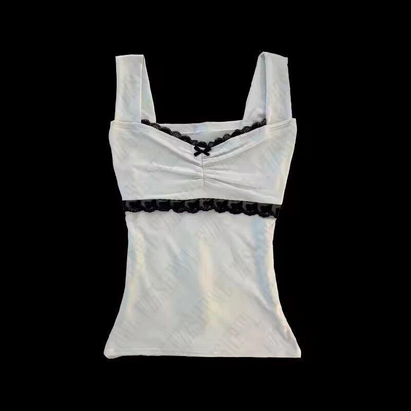 2025 Summer New Style Red Lace Splicing French Pure Desire Style Slim Fit Suspender Top for Women White S