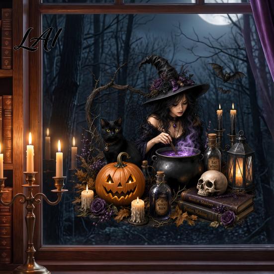 Static Cling Decals Halloween Witch/Black Cat Glass Stickers Double-sided PVC Waterproof Window Clings Removable Shop Display Stickers with Pumpkins