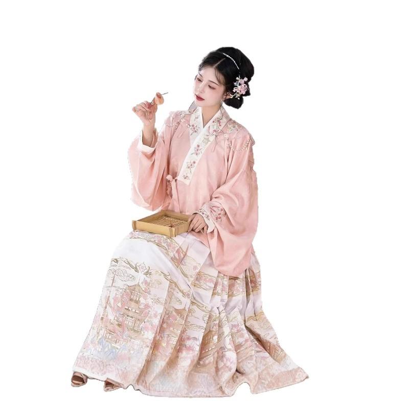 Ming Dynasty Style Hanfu Set With Pipa Sleeves Woven Gold Ma Mian Skirt Floral Brocade Embroidery Women