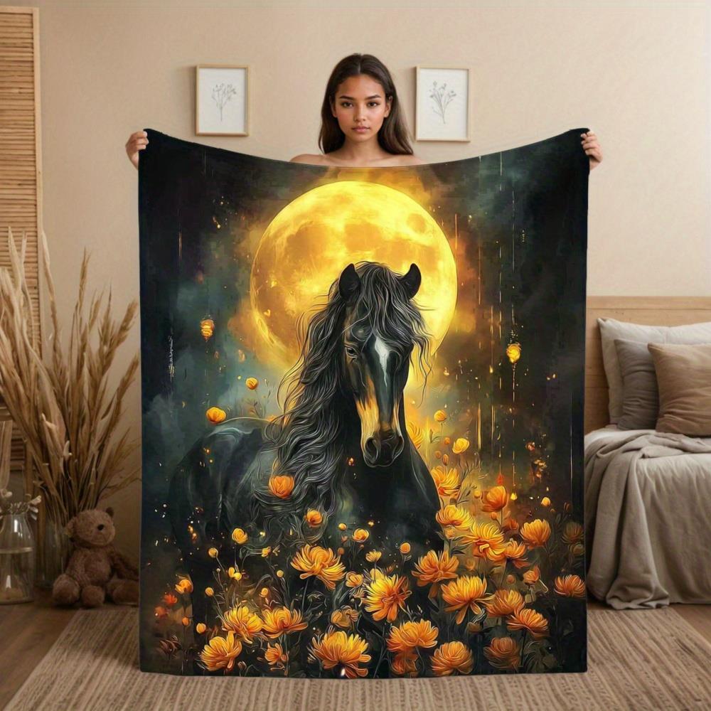 

Moonlight Horse and Flower Pattern Flannel printed blanket suitable for all seasons suitable for living room office sofa travel 75x100cm