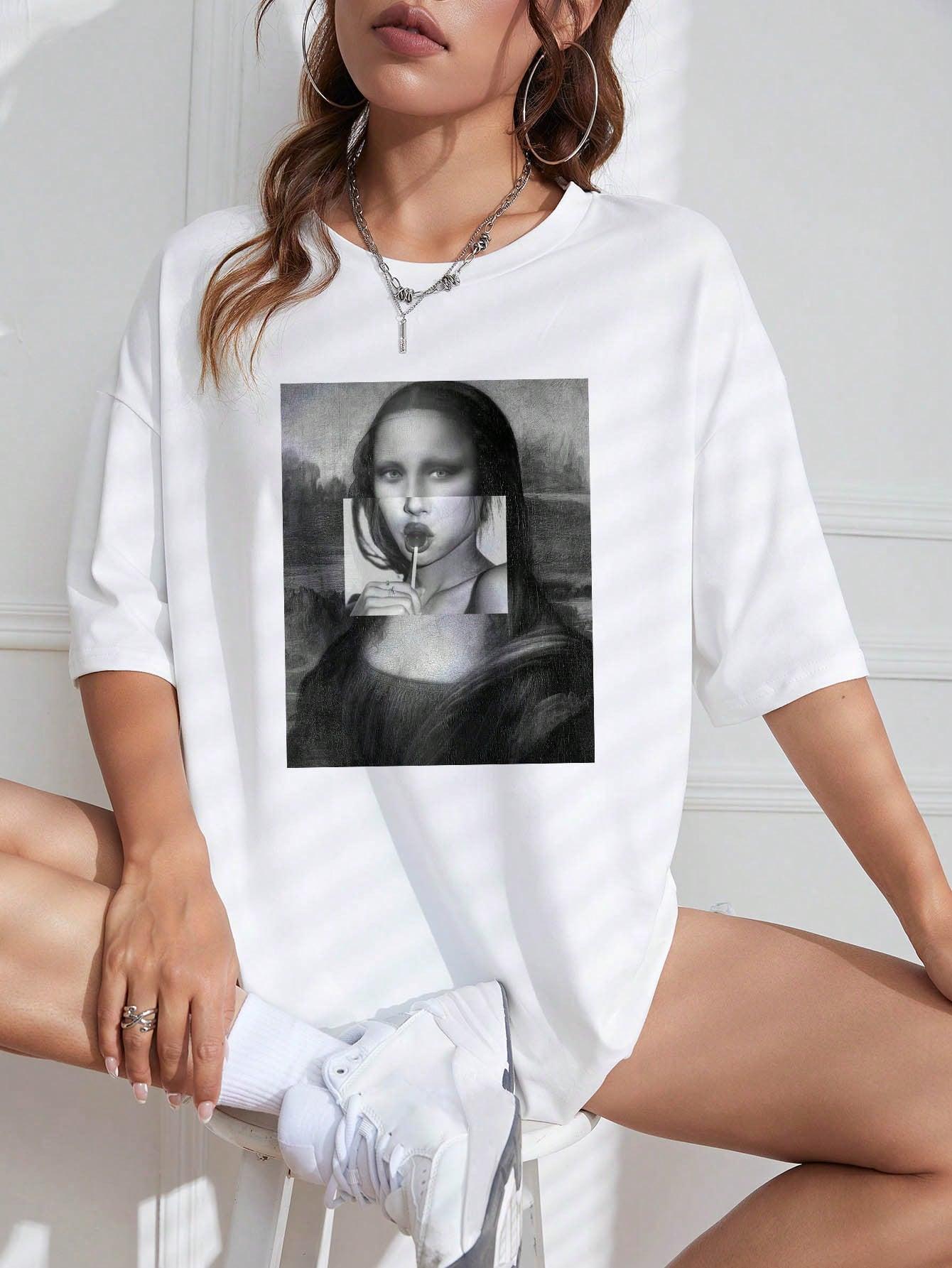 

Women Summer Short Sleeve T Shirt Creative Artistic Mona Lisa Lollipop Print Graphic Tee Fashion Loose Casual Top Streetwear S