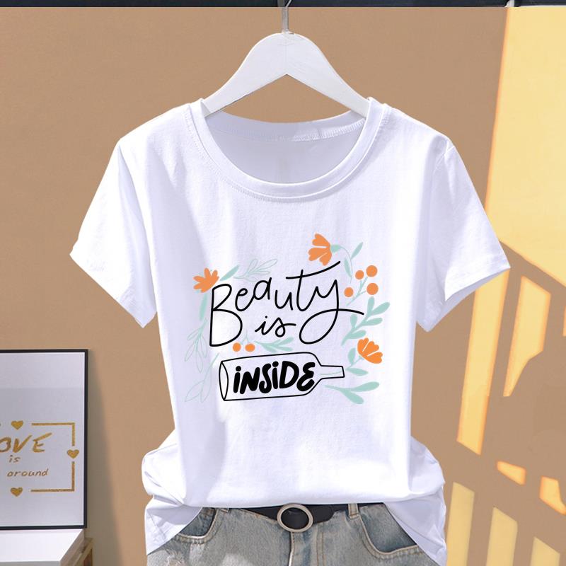 (Asian Size) cute letter style Women's Top T shirt Printed O-neck Short Sleeve T-shirts Fashion Female Casual Clothing Graphic Tee