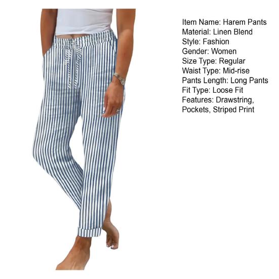 Women Harem Pants Adjustable Elastic Waistline Striped Print Boho Pants with Pockets Lightweight Breathable Casual Trousers